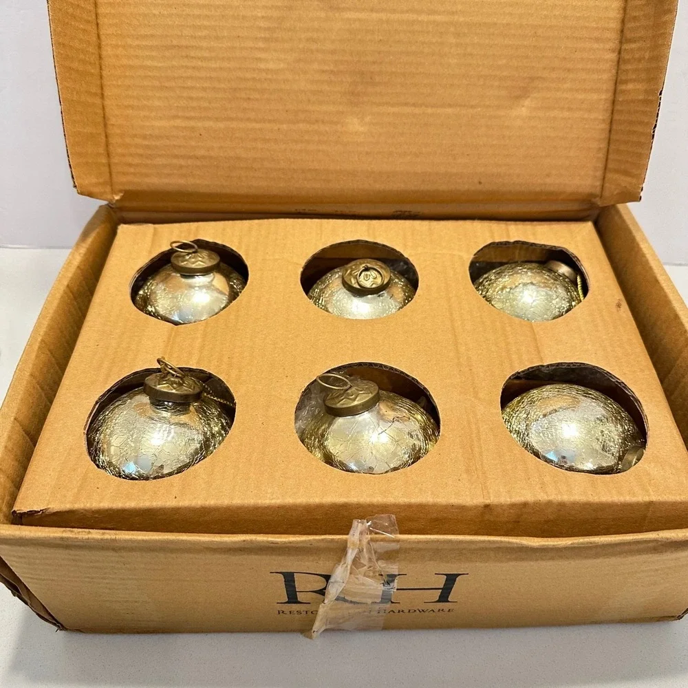 Restoration Hardware Gold Crackle Glass Ball Christmas Ornaments Set of 6 3.5in